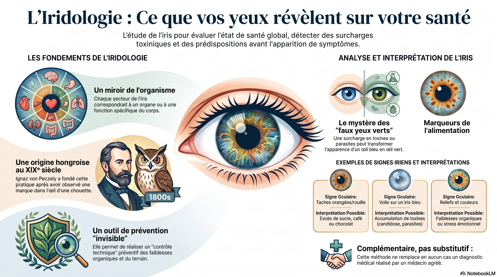 Infographie sur les fondements de l'iridologie et l'analyse de l'iris